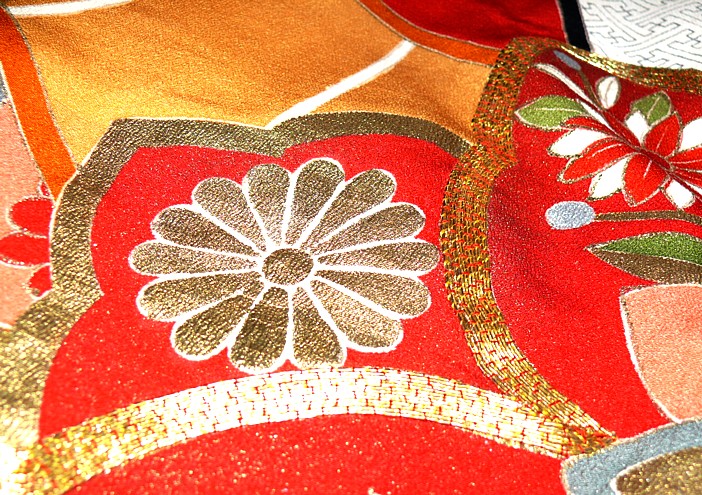 japanese antique kimono detail of hand painted and embroidery fabric