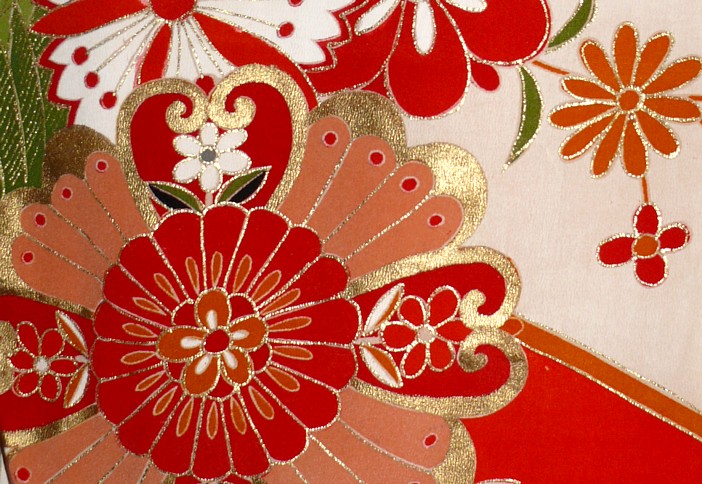 japanese antique kimono detail of hand painted and gilded fabric