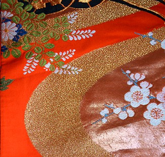 japanese wedding kimono gown uchikake: detail of fabric pattern