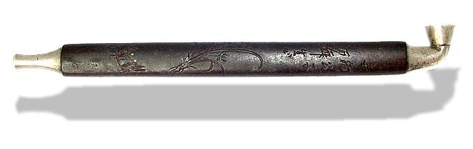 japanese samurai smoking iron pipe with engraving, edo era
