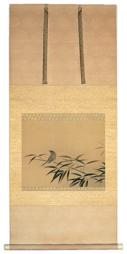 japanese painting on scroll Nightingale on Bamboo, 1920's