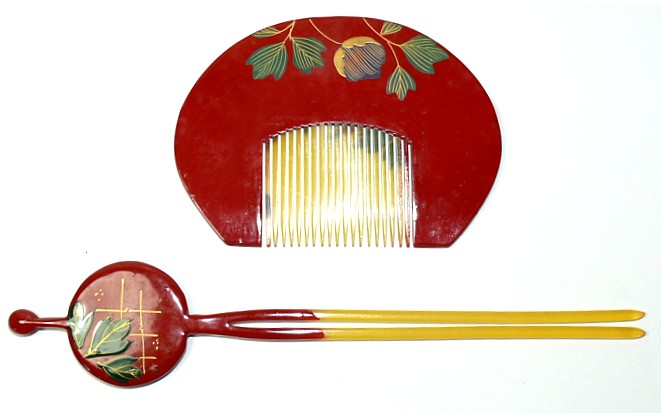 japanese hair adornmet set of a comb and long hair-pin, 1930's