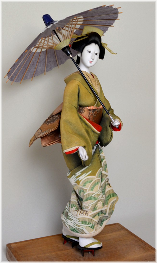 geisha with umbrella, japanese antique doll, 1930's