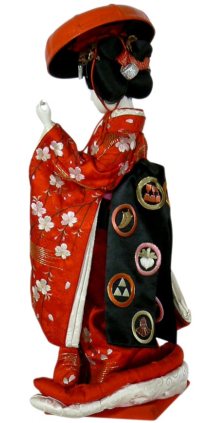 Japanese antique doll of a dancing Maiko with red hat, Taisho er