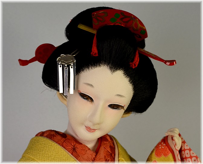 Japanese collectible silk face antique doll of townswoman, 1930's