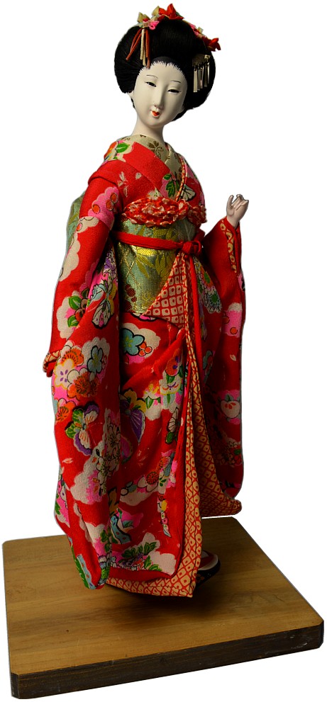 Japanese collectible antique doll of a Maiko girl in exquisite silk kimono, 1930's
