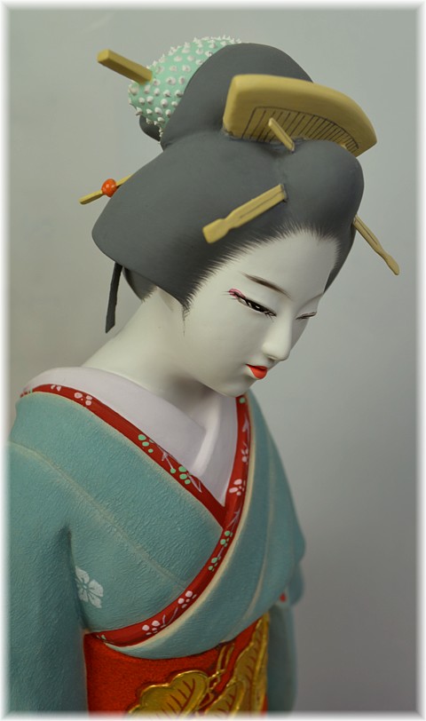 geisha with folding fan, japanese Hakata clay doll