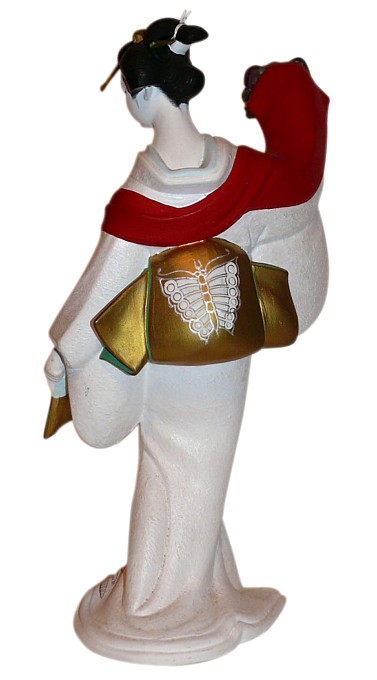 Geisha dansing with mask and folding fan, Japanese Hakata clay figurine ...