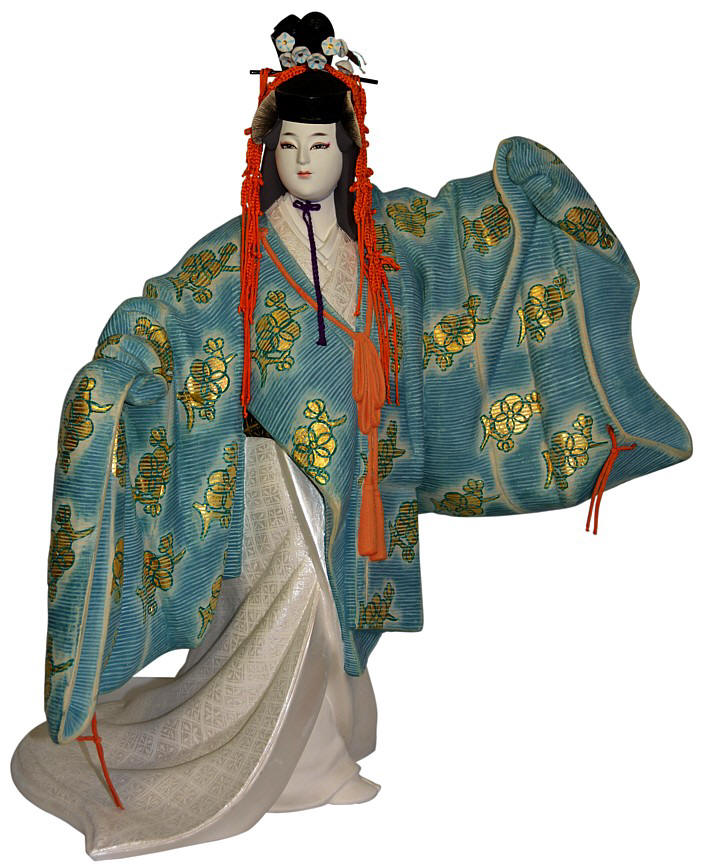 Dancing Lady in white kimono and blue kimono jacket, Japanese Hakata doll