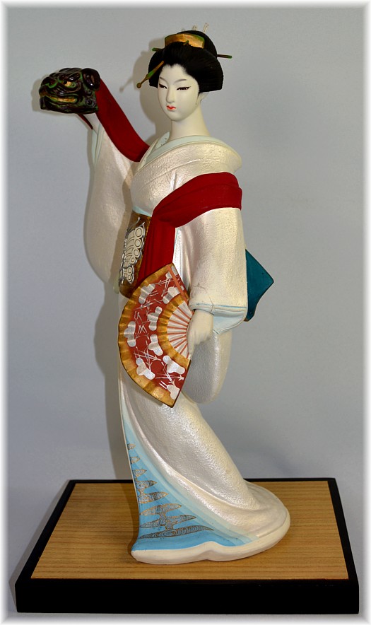 geisha dancing with Lion mask and fan, Japanese Hakata clay doll