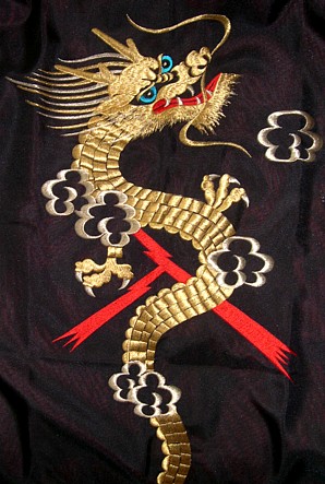 golden dragon, detail of embroidery on kimono back