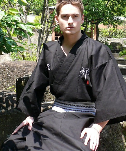 japanese  man's tradititonal cotton kimono with embroidered kanji ZEN