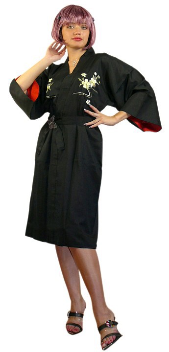 japanese woman's modern short kimono robe with embroidery and lining
