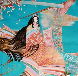 japanese woman's  kimono KAMAKURA, turkish-blue color
