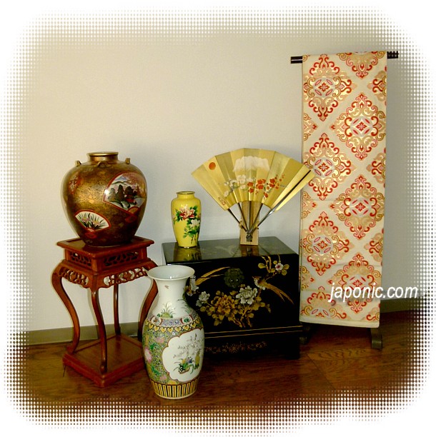 japanese traditional obi belt, folding fan and vases