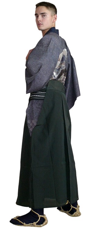 japanese traditional clothes: kimono, hakama, obi belt, straw shoes