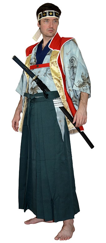 japanese outfit: hakama pants, kimono, obi belt