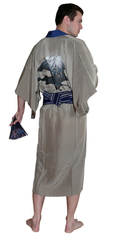 japanese antique silk man's kimono with hand painting and obi belt