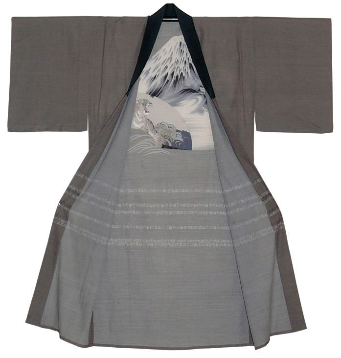 japanese man's antique silk kimono with hand painted Mt. Fuji motif