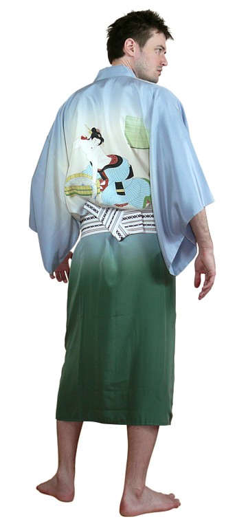 japanese silk man's vintage kimono with  pre-tied obi belt
