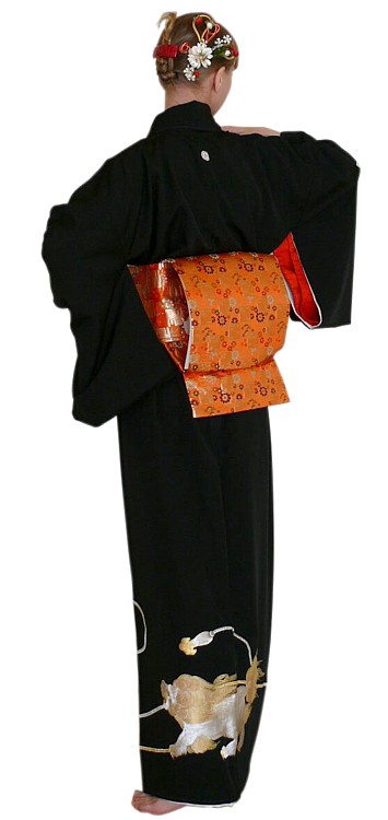 japanese antique black silk woman kimono