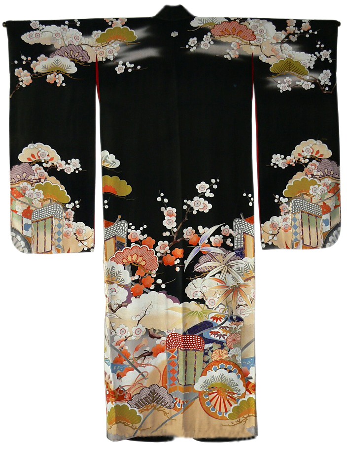Japanese antique hand-painted and partly embroidered silk kimono, 1910-20's