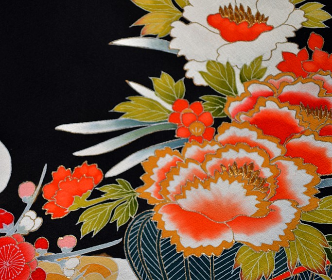 japanese silk kimono detail od hand painting and embroidering