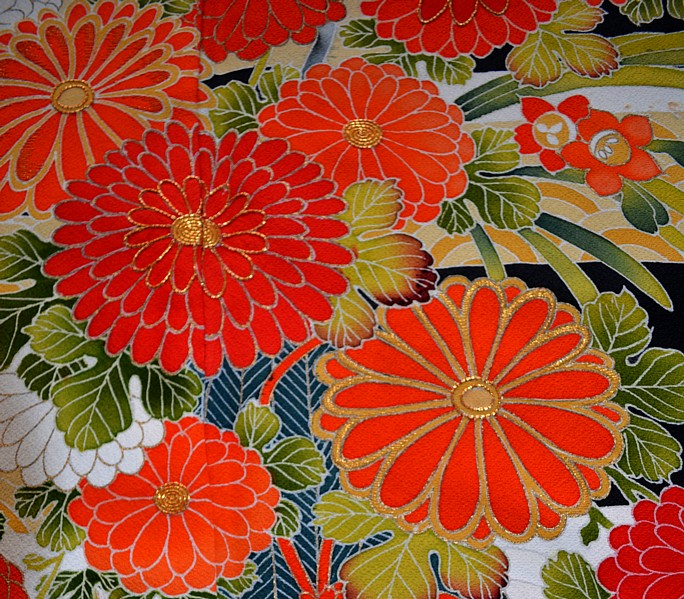 japanese kimono: detail of hand painting and embrodering