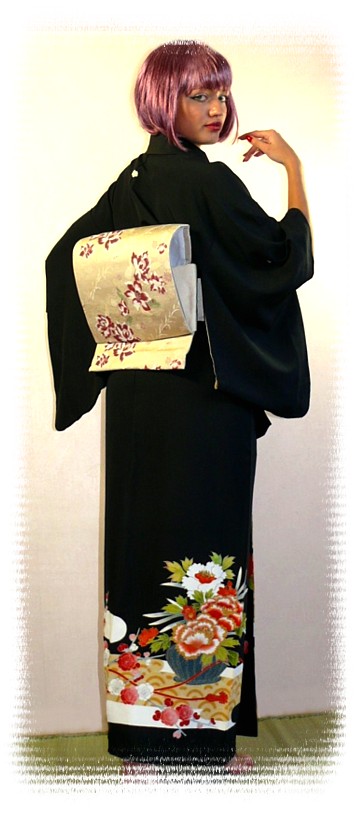 japanese woman's black silk hand-painted antique kimono, 1930's