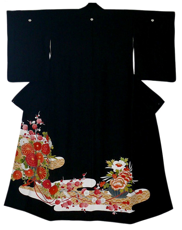 japanese woman's formal black silk kimono TOMESODE, antique