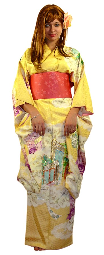japanese woman's silk kimono with long sleeves, vintage