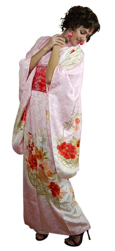 japanese antique silk hand embroidered kimono, 1950's