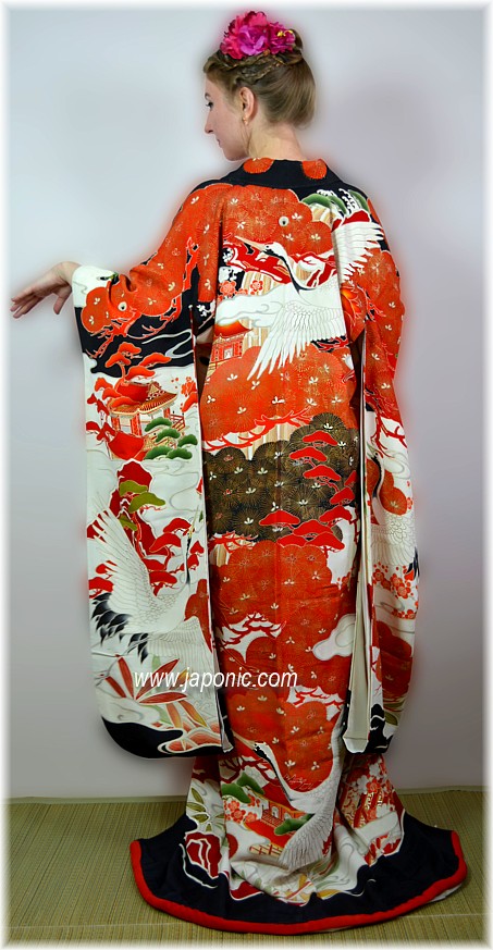 Japanese antique silk hand painted and embroidered kimono