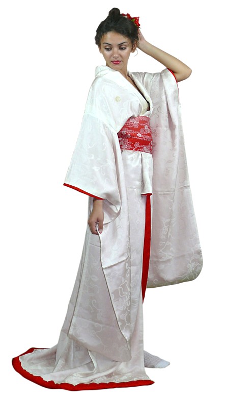 Japanese traditional wedding white silk kimono, 1970's. Japanese Woman